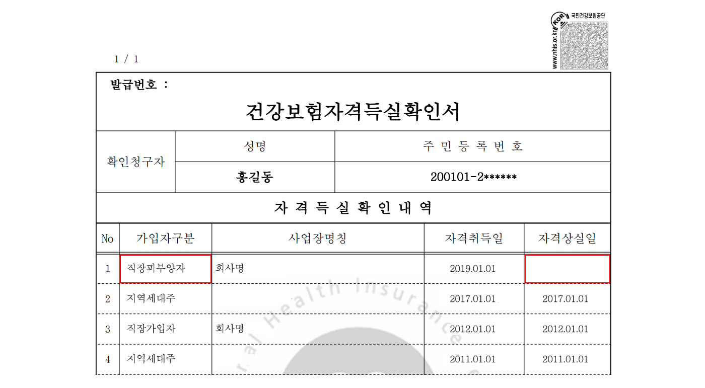 건강보험자격득실확인서 발급 상태, 직장피부양자, 자격상실일